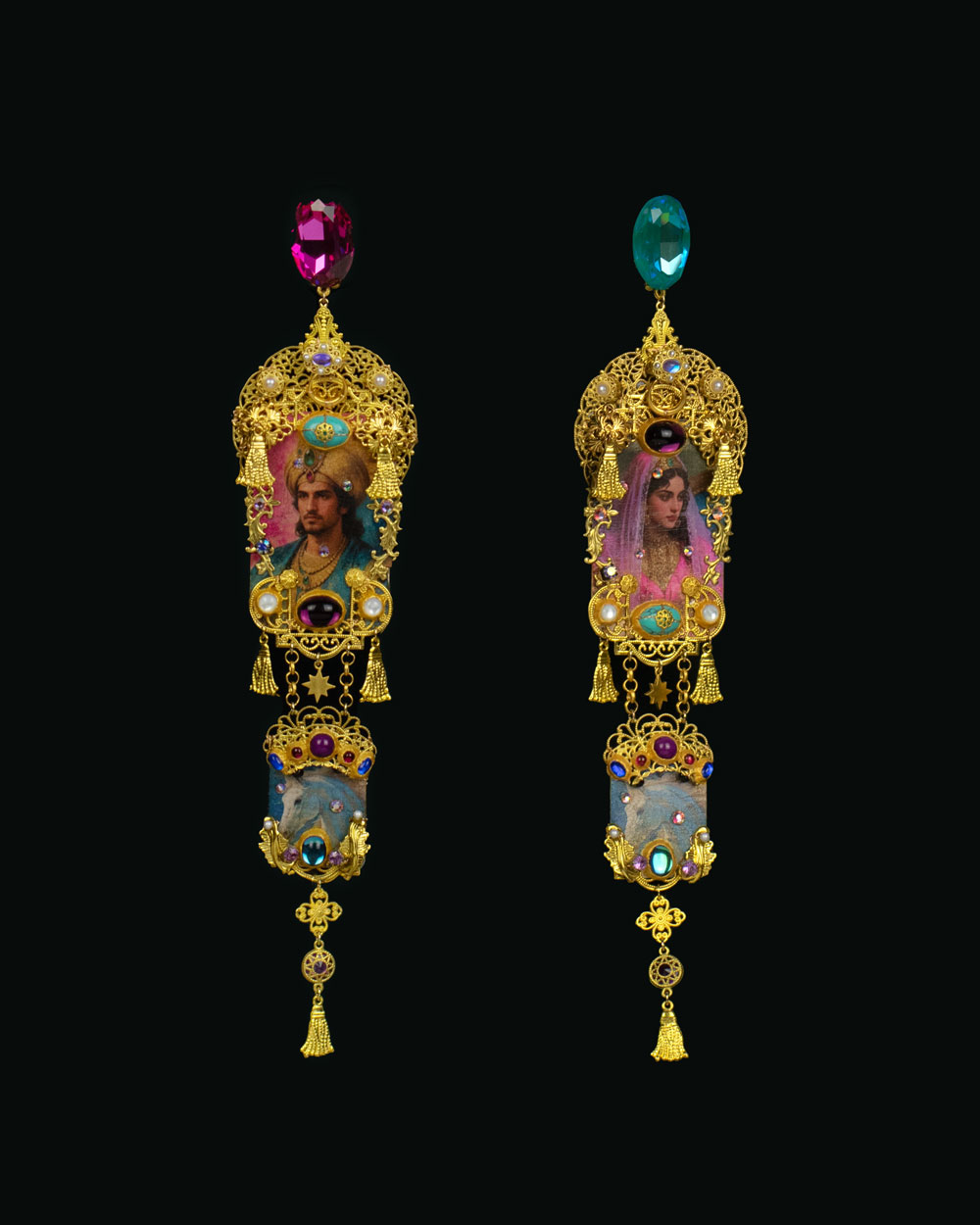 Detail of gold-tone filigree earring with dangling gold stars and pearl accents, 1001 Nights collection