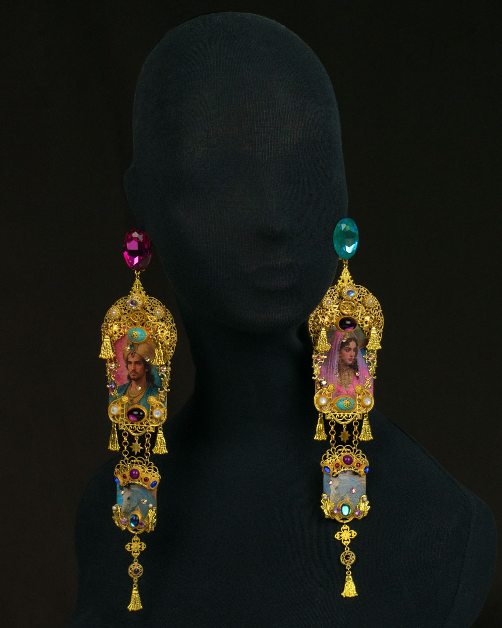 Orientalist-inspired asymmetrical statement earrings with gold filigree and faceted turquoise glass stones, one-of-a-kind wearable art by Svetlana Kisselev