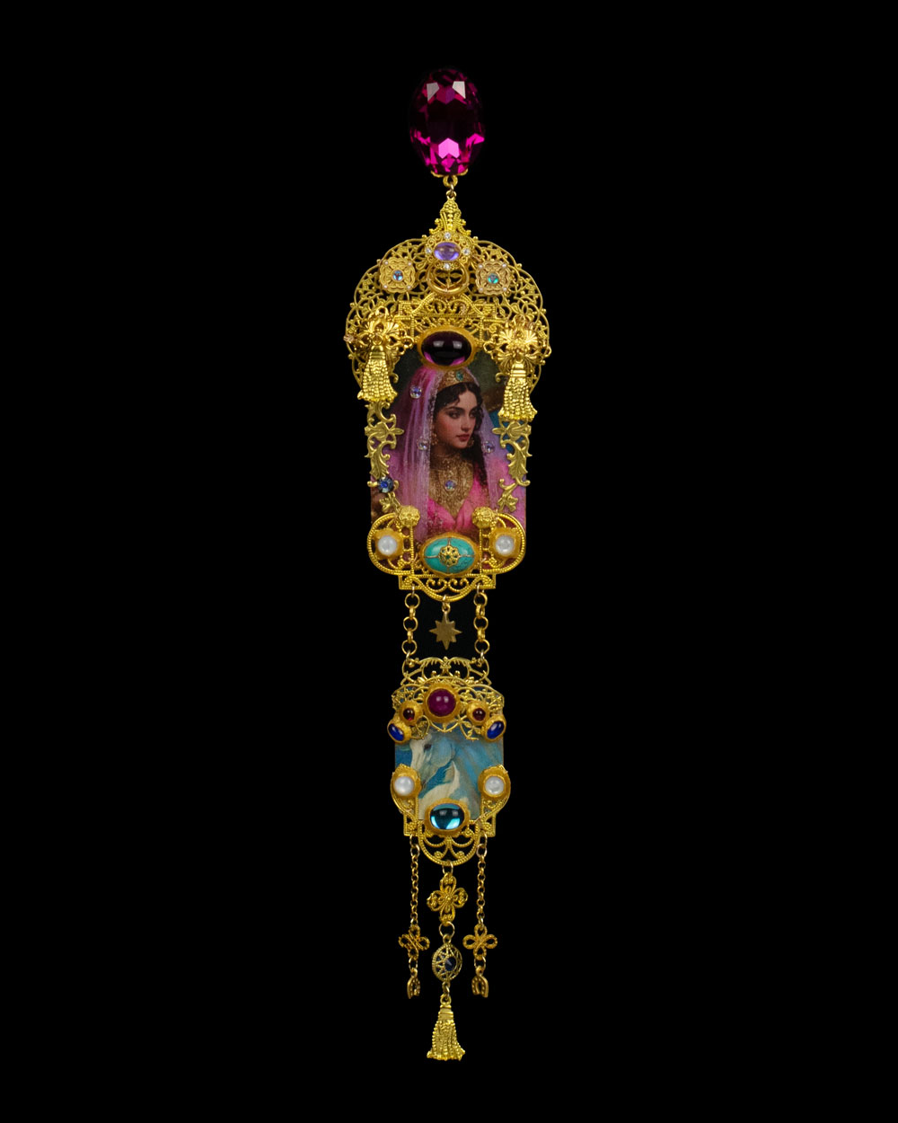 Orientalist-inspired gold statement mono earring with faceted turquoise glass stones and dangling gold stars, one-of-a-kind wearable art by Svetlana Kisselev