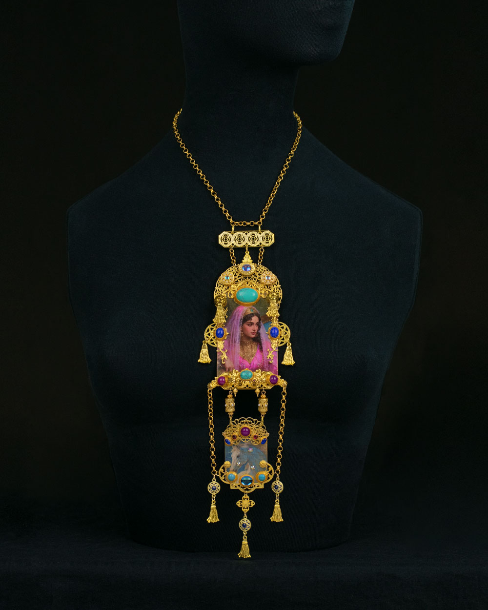Orientalist-inspired gold statement necklace with faceted glass cabochons and pearl accents, one-of-a-kind wearable art from the 1001 Nights collection by Svetlana Kisselev