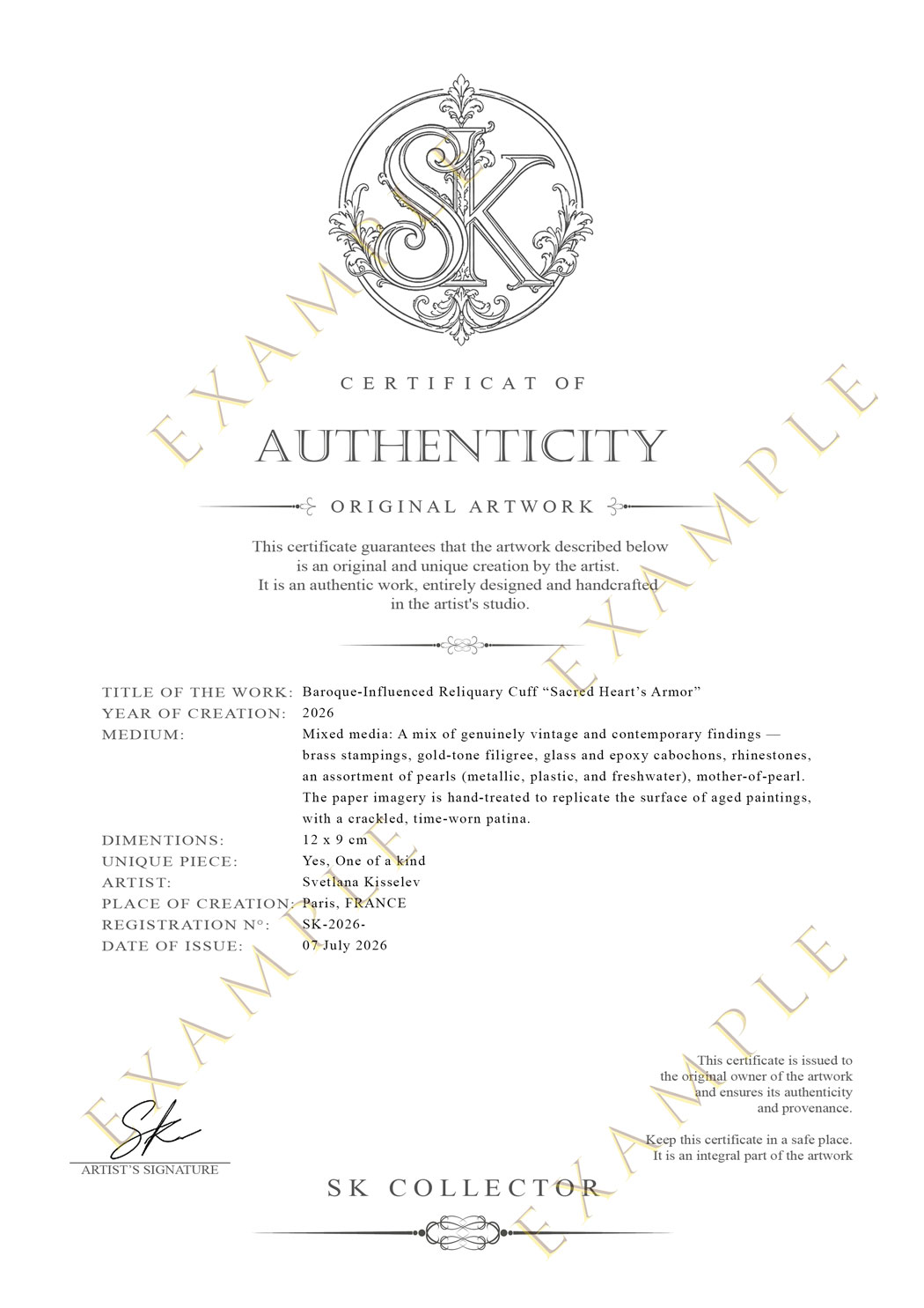 Sample numbered certificate of authenticity accompanying each Svetlana Kisselev wearable art piece