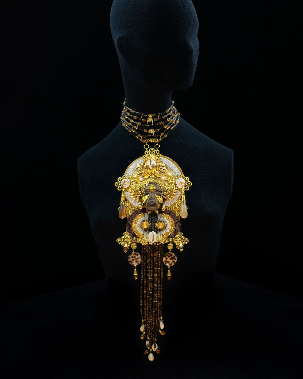 Sculptural reliquary plastron necklace with carved African female mask and Orthodox Baroque gold filigree, 'The Madonna Without Child', one-of-a-kind wearable art by Svetlana Kisselev