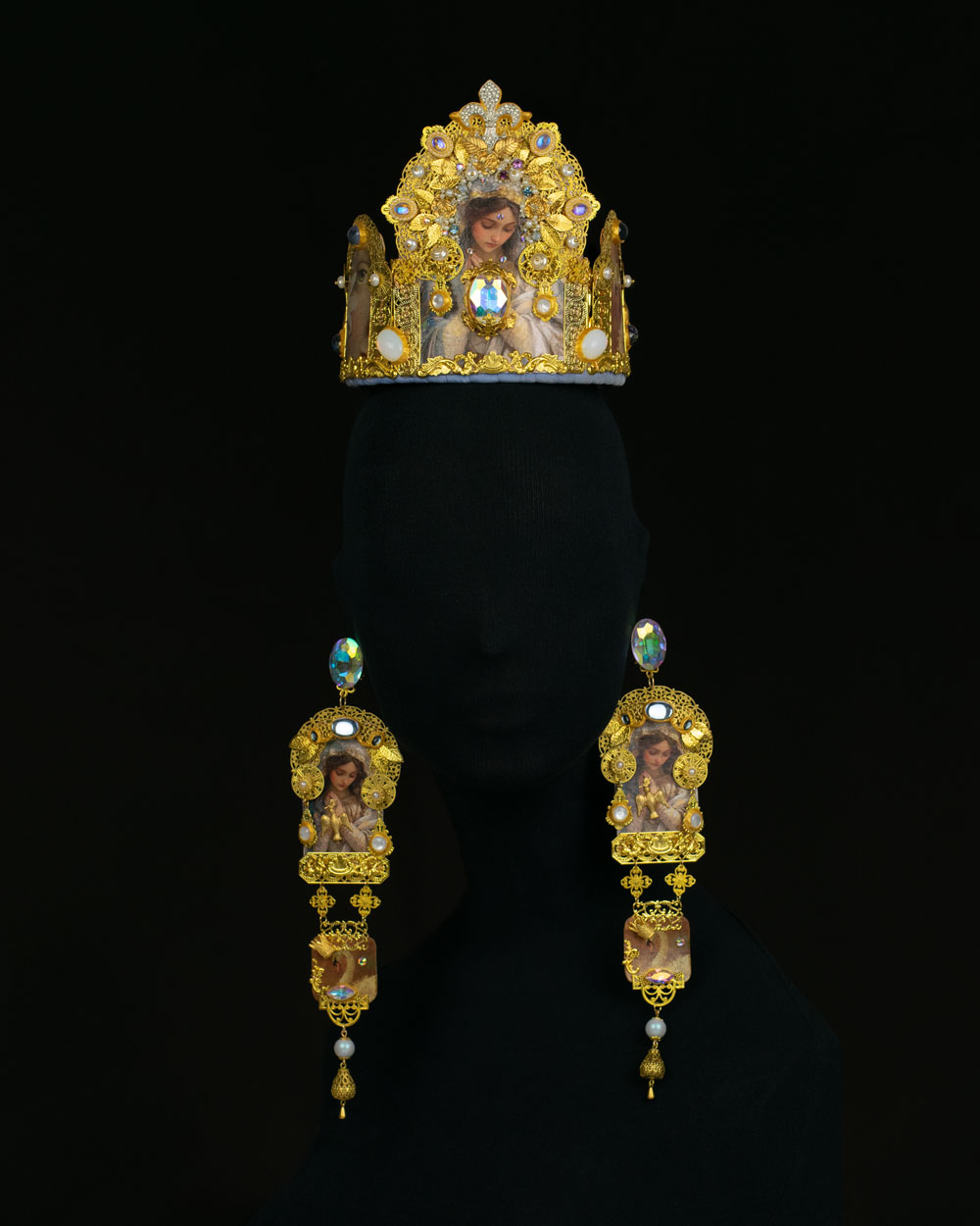 Orthodox-influenced crown worn with extra-long gold filigree earrings, front view, convertible transformer jewelry