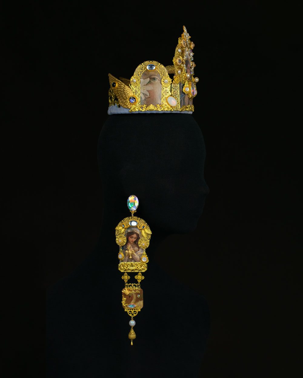 Left view of Orthodox-influenced crown paired with extra-long earrings, one-of-a-kind convertible parure