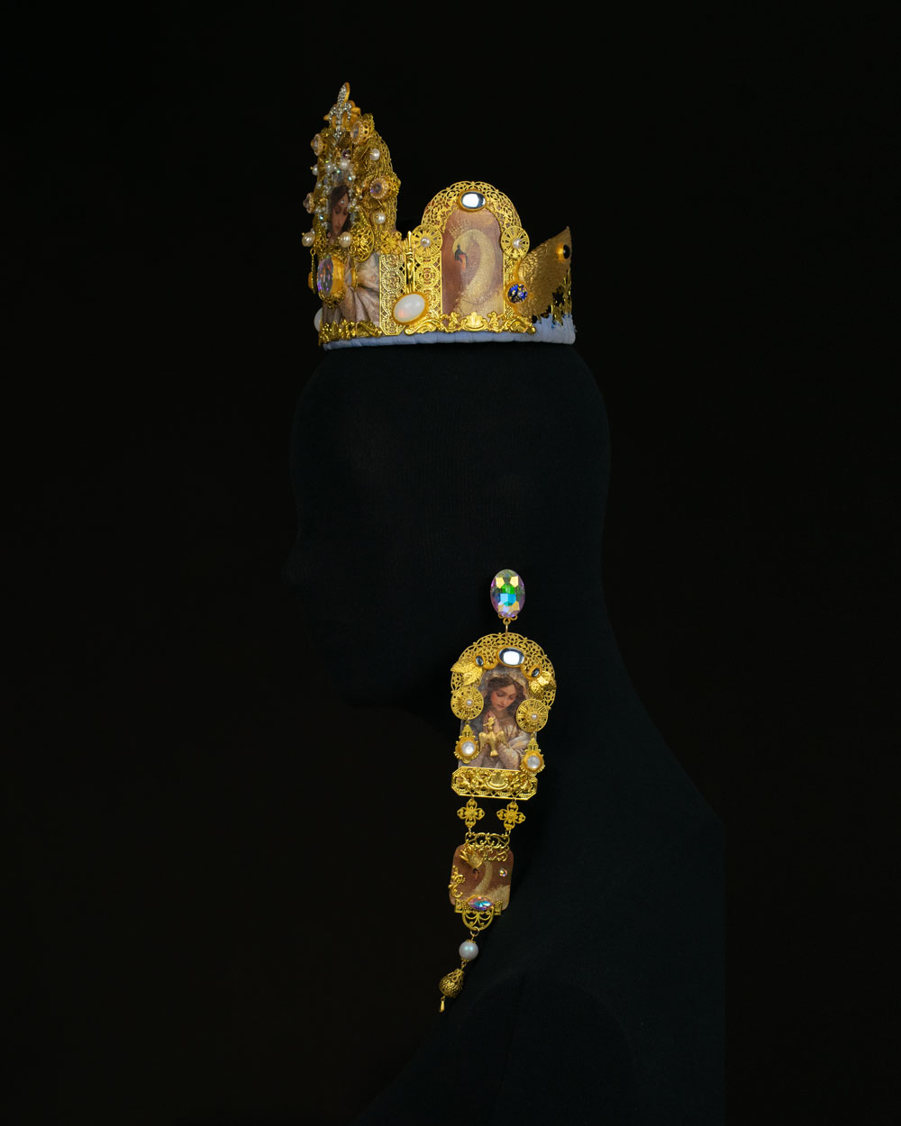 Right view of Orthodox-influenced crown paired with extra-long earrings, one-of-a-kind convertible parure