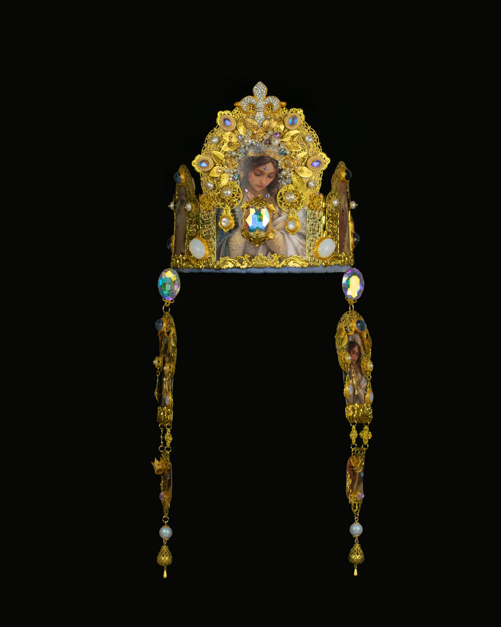 Orthodox-influenced gold crown parure with pendilia, front view, one-of-a-kind ceremonial headpiece
