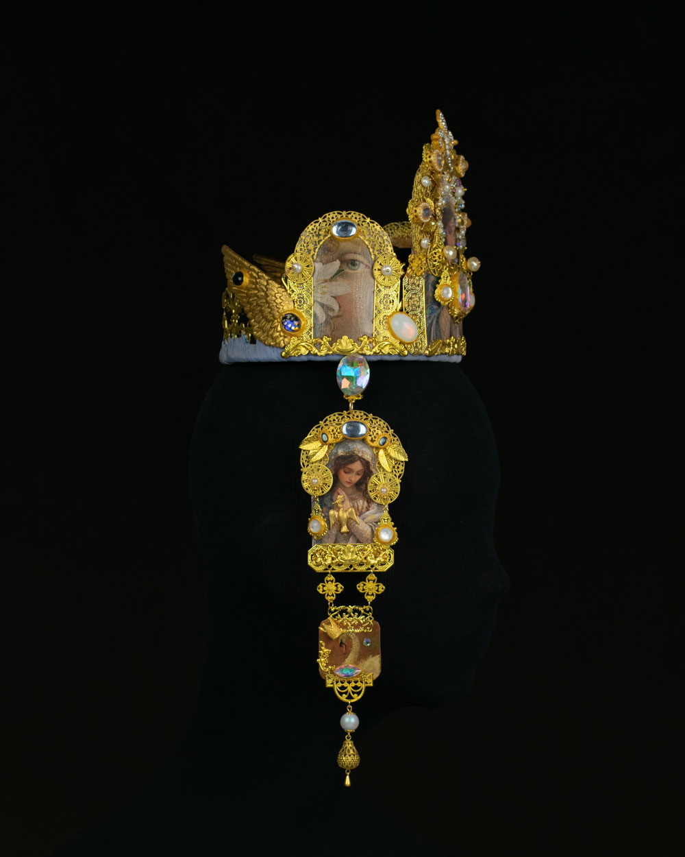Left side view of Orthodox-influenced gold crown parure with detachable pendilia, wearable maximalist baroque-influenced reliquary art