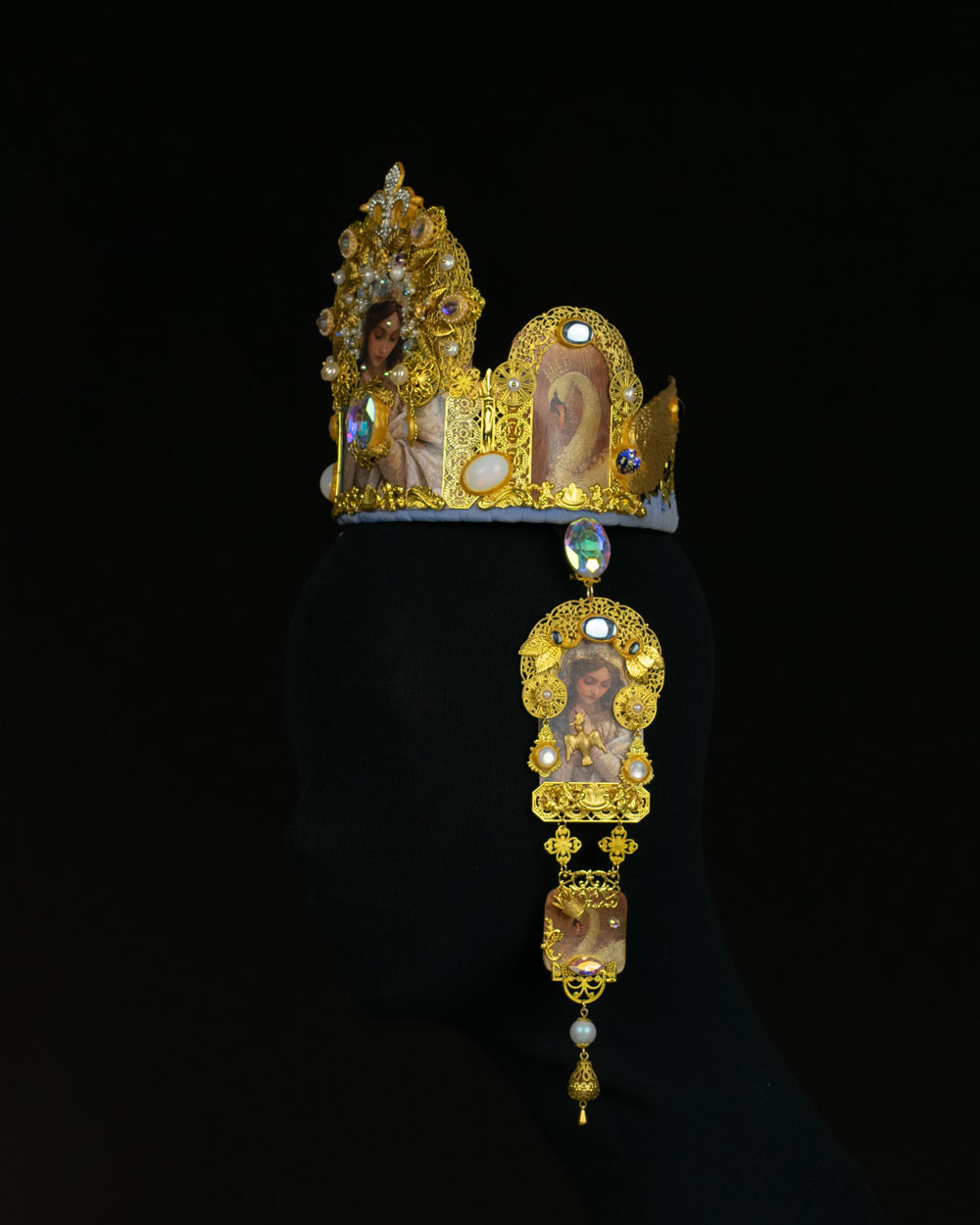 Right side view of Orthodox-influenced gold crown parure with detachable pendilia, wearable maximalist baroque-influenced reliquary art