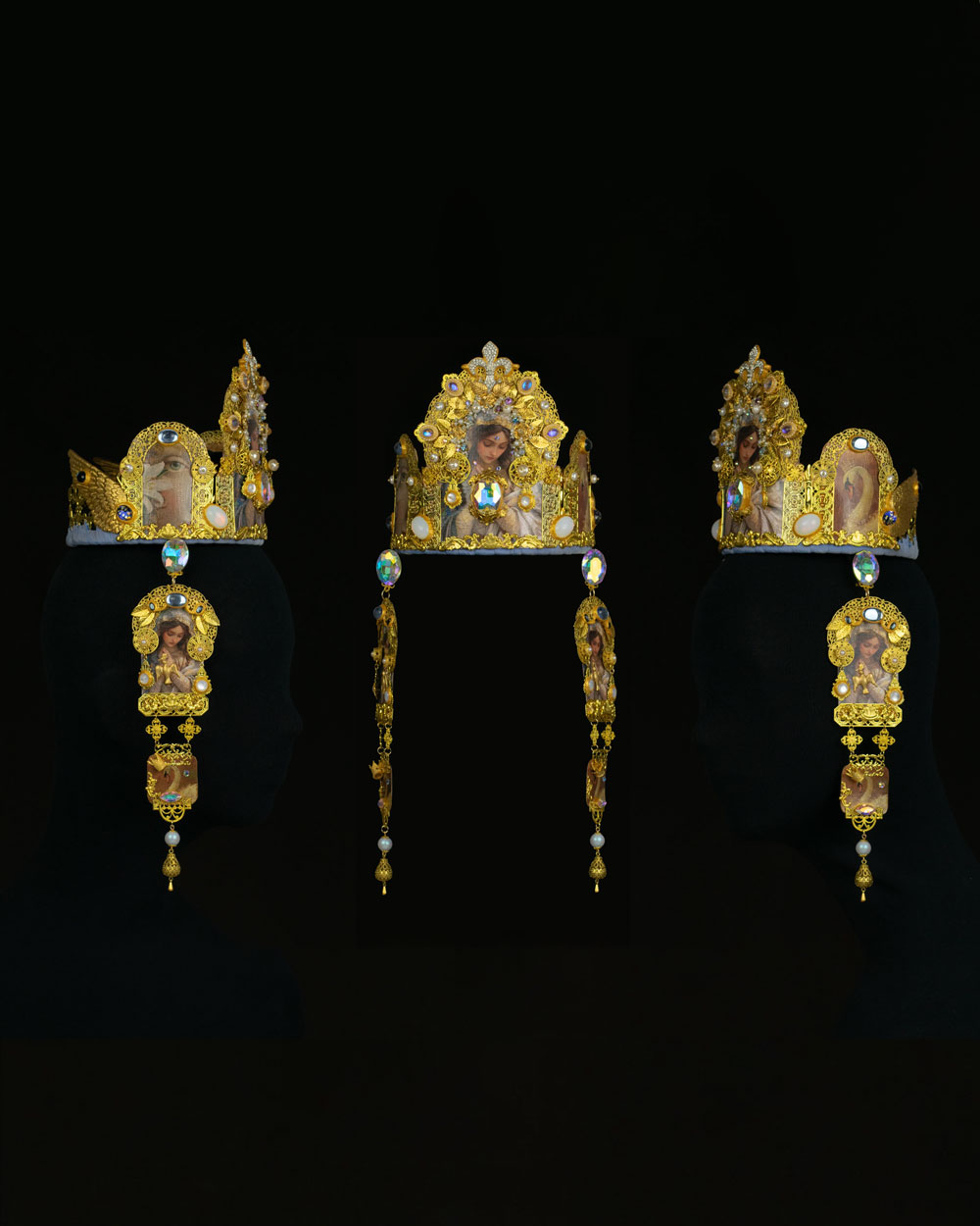 Orthodox-influenced gold transformer crown with detachable pendilia, one-of-a-kind ceremonial headpiece by Svetlana Kisselev