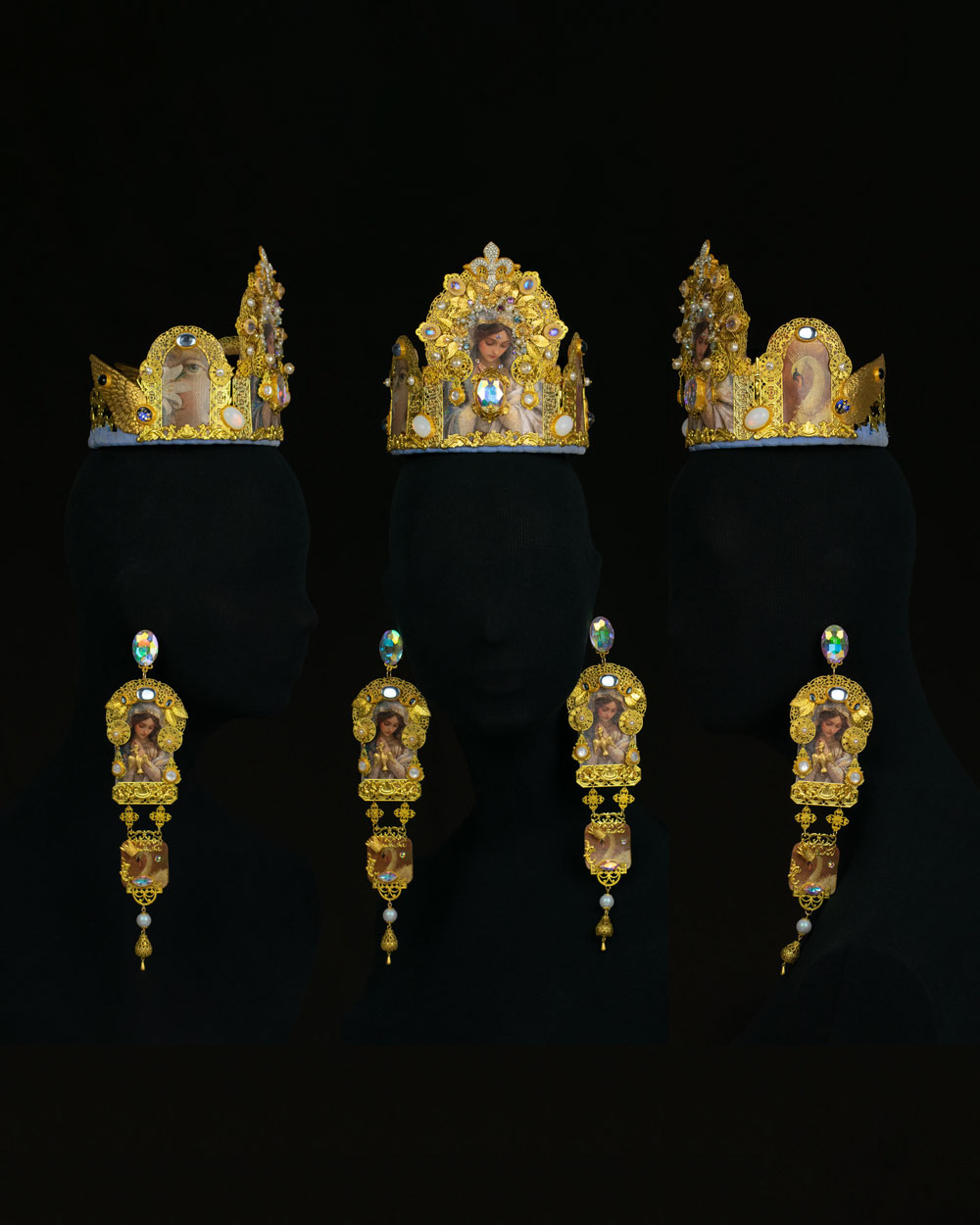 Close-up of Orthodox-inspired gold filigree crown with vintage cabochons and pearls, wearable maximalist baroque-influenced reliquary art