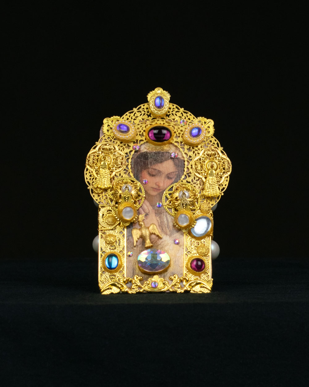 Orthodox-influenced reliquary cuff bracelet shaped as a wearable sacred heart altar, one-of-a-kind jewelry piece