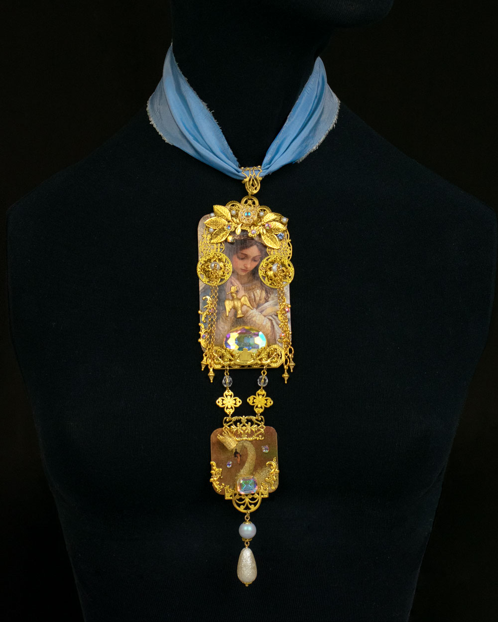 Orthodox-influenced two-tiered reliquary pendant necklace on silk ribbon, devotional wearable art
