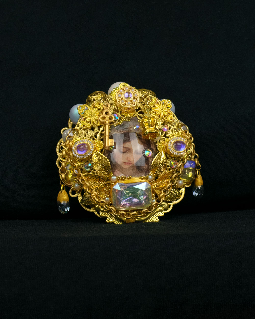 Orthodox-influenced reliquary statement ring with hand-painted glass cabochon, one-of-a-kind wearable art by Svetlana Kisselev